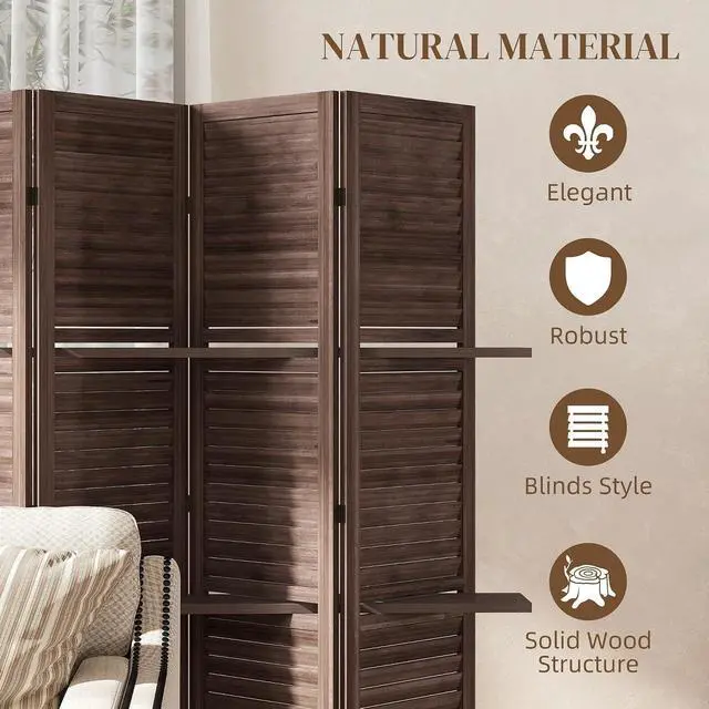 Alt view image 5 of 7 - Room Divider 5 Panel 67" Tall Wood Privacy Screen Walnut | 3 Display Shelves, Folding Storage, for Bedroom or Home Office