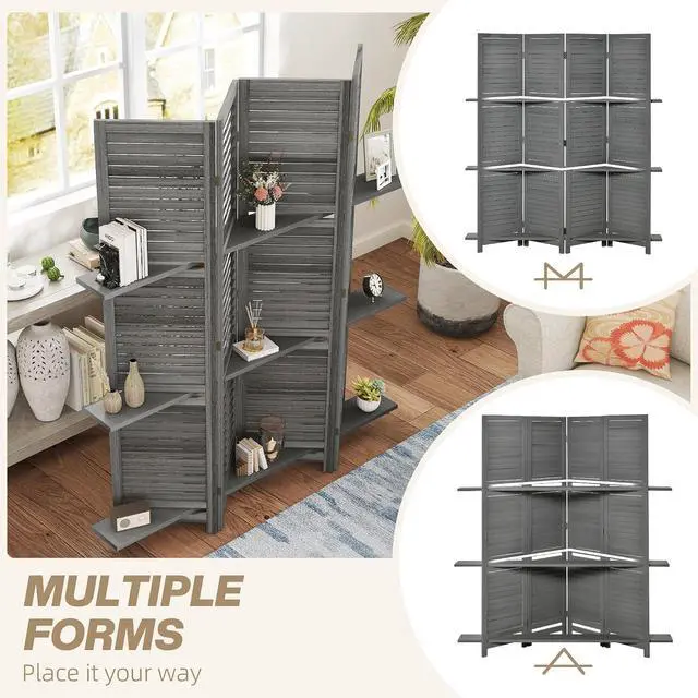 Alt view image 6 of 7 - Room Divider with Shelves, 4 Panel, 67" Tall, Gray | Wood Privacy Screen, 3 Display Shelves, Folding Storage, Bedroom or Home Office