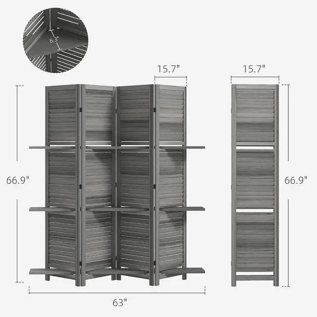 Alt view image 7 of 7 - Room Divider with Shelves, 4 Panel, 67" Tall, Gray | Wood Privacy Screen, 3 Display Shelves, Folding Storage, Bedroom or Home Office