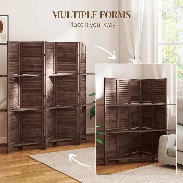 Alt view image 6 of 7 - Room Divider 5 Panel 67" Tall Wood Privacy Screen Walnut | 3 Display Shelves, Folding Storage, for Bedroom or Home Office