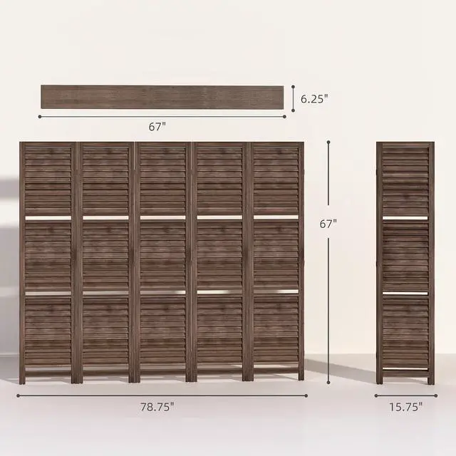 Alt view image 7 of 7 - Room Divider 5 Panel 67" Tall Wood Privacy Screen Walnut | 3 Display Shelves, Folding Storage, for Bedroom or Home Office