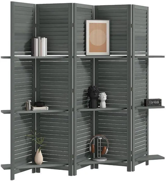 Main image of Room Divider with Shelves, 5 Panel, 67" Tall, Gray | Wood Privacy Screen, 3 Display Shelves, Folding Storage, Bedroom or Home Office