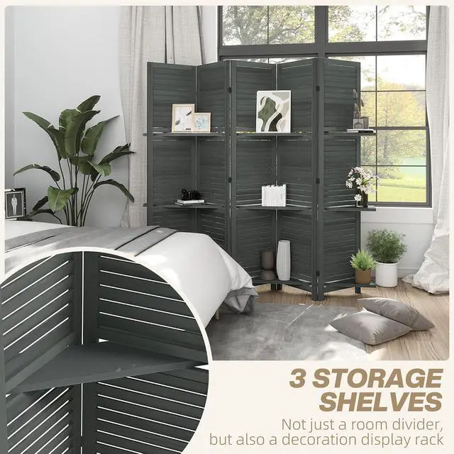 Alt view image 3 of 7 - Room Divider with Shelves, 5 Panel, 67" Tall, Gray | Wood Privacy Screen, 3 Display Shelves, Folding Storage, Bedroom or Home Office