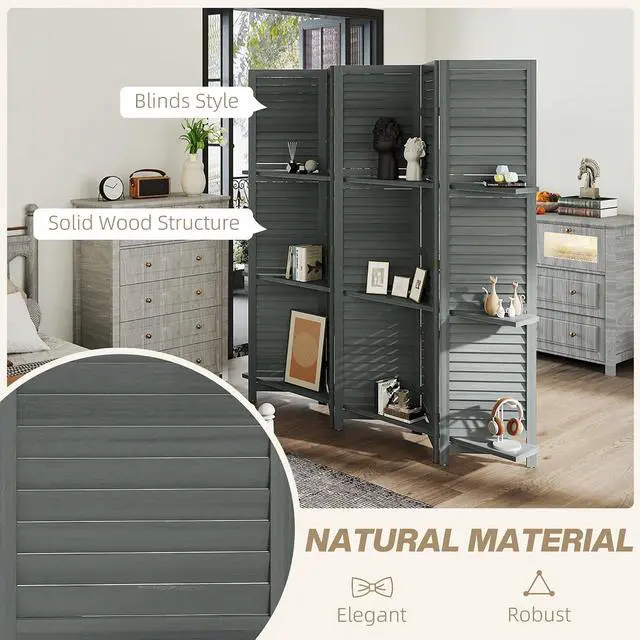 Alt view image 5 of 7 - Room Divider with Shelves, 5 Panel, 67" Tall, Gray | Wood Privacy Screen, 3 Display Shelves, Folding Storage, Bedroom or Home Office