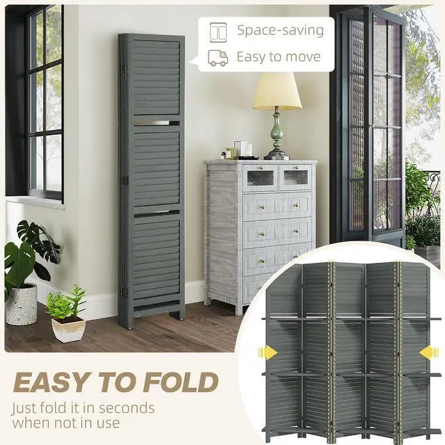 Alt view image 4 of 7 - Room Divider with Shelves, 5 Panel, 67" Tall, Gray | Wood Privacy Screen, 3 Display Shelves, Folding Storage, Bedroom or Home Office