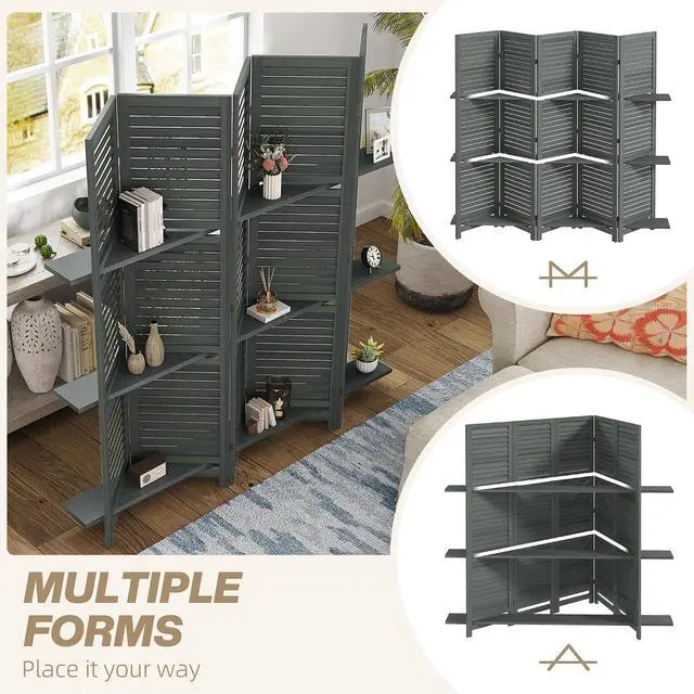 Alt view image 6 of 7 - Room Divider with Shelves, 5 Panel, 67" Tall, Gray | Wood Privacy Screen, 3 Display Shelves, Folding Storage, Bedroom or Home Office