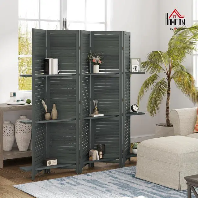 Alt view image 2 of 7 - Room Divider with Shelves, 5 Panel, 67" Tall, Gray | Wood Privacy Screen, 3 Display Shelves, Folding Storage, Bedroom or Home Office