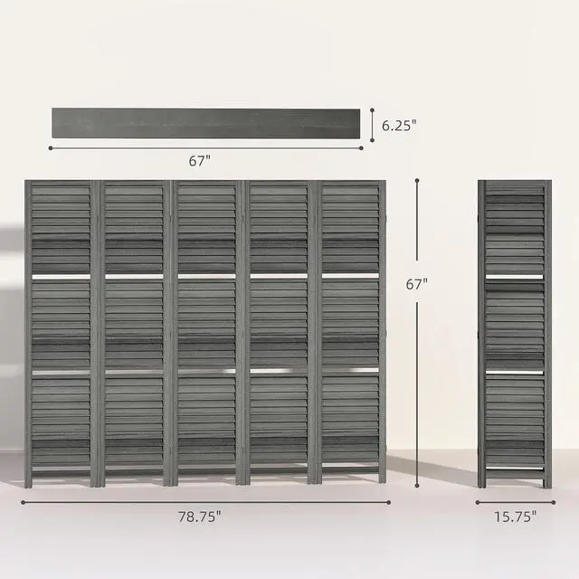 Alt view image 7 of 7 - Room Divider with Shelves, 5 Panel, 67" Tall, Gray | Wood Privacy Screen, 3 Display Shelves, Folding Storage, Bedroom or Home Office