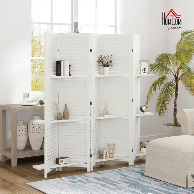 Alt view image 2 of 7 - Room Divider with Shelves, 5 Panel, 67" Tall, White | Wood Privacy Screen, 3 Display Shelves, Folding Storage, Bedroom or Home Office