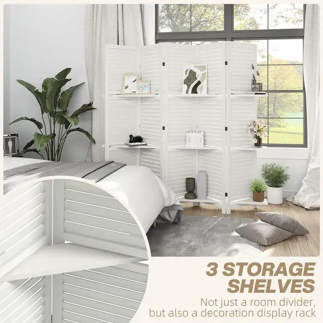 Alt view image 3 of 7 - Room Divider with Shelves, 5 Panel, 67" Tall, White | Wood Privacy Screen, 3 Display Shelves, Folding Storage, Bedroom or Home Office