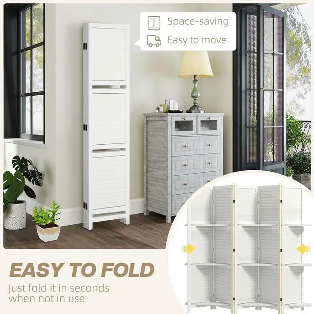 Alt view image 4 of 7 - Room Divider with Shelves, 5 Panel, 67" Tall, White | Wood Privacy Screen, 3 Display Shelves, Folding Storage, Bedroom or Home Office