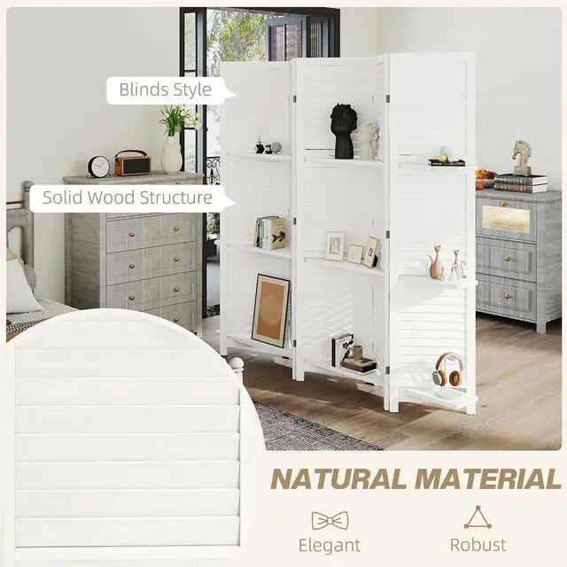 Alt view image 5 of 7 - Room Divider with Shelves, 5 Panel, 67" Tall, White | Wood Privacy Screen, 3 Display Shelves, Folding Storage, Bedroom or Home Office