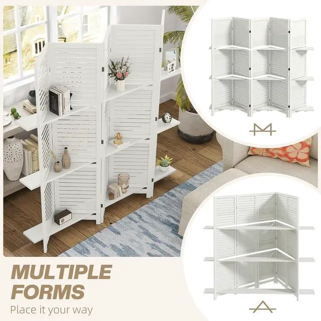 Alt view image 6 of 7 - Room Divider with Shelves, 5 Panel, 67" Tall, White | Wood Privacy Screen, 3 Display Shelves, Folding Storage, Bedroom or Home Office