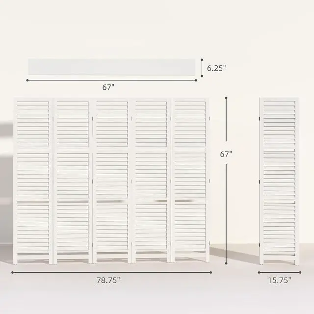 Alt view image 7 of 7 - Room Divider with Shelves, 5 Panel, 67" Tall, White | Wood Privacy Screen, 3 Display Shelves, Folding Storage, Bedroom or Home Office