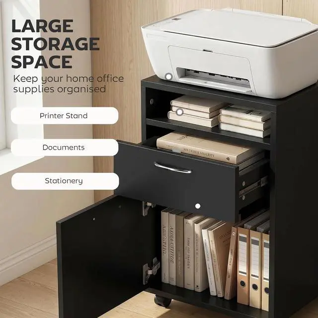 Alt view image 4 of 7 - Mobile Storage Cabinet Organizer, Bathroom Drawer Cabinet, Black | Printer Stand, Castors