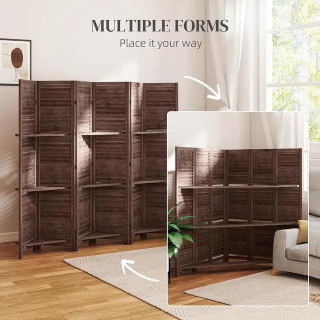 Alt view image 6 of 7 - Room Divider 6 Panel 67" Tall Wood Privacy Screen Walnut | 3 Display Shelves, Folding Storage, for Bedroom or Home Office