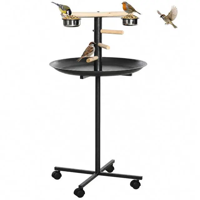 Main image of PawHut Bird Play Stand, Portable Parrot Perch, Bird Feeder Station, with Four Wheels, Stainless Steel Feeding Bowls, Round Tray, Grey | Bird Feeder Station, Stainless Steel Feeding Bowls
