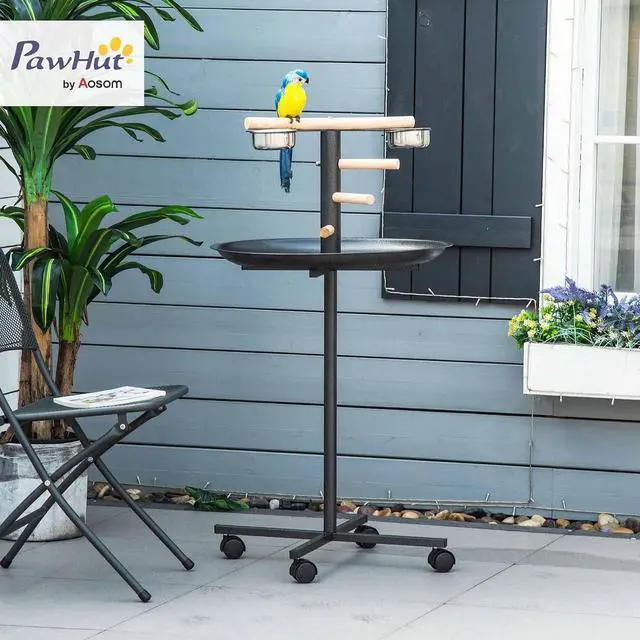 Alt view image 2 of 7 - PawHut Bird Play Stand, Portable Parrot Perch, Bird Feeder Station, with Four Wheels, Stainless Steel Feeding Bowls, Round Tray, Grey | Bird Feeder Station, Stainless Steel Feeding Bowls