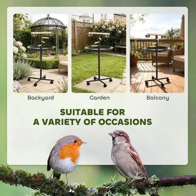Alt view image 3 of 7 - PawHut Bird Play Stand, Portable Parrot Perch, Bird Feeder Station, with Four Wheels, Stainless Steel Feeding Bowls, Round Tray, Grey | Bird Feeder Station, Stainless Steel Feeding Bowls