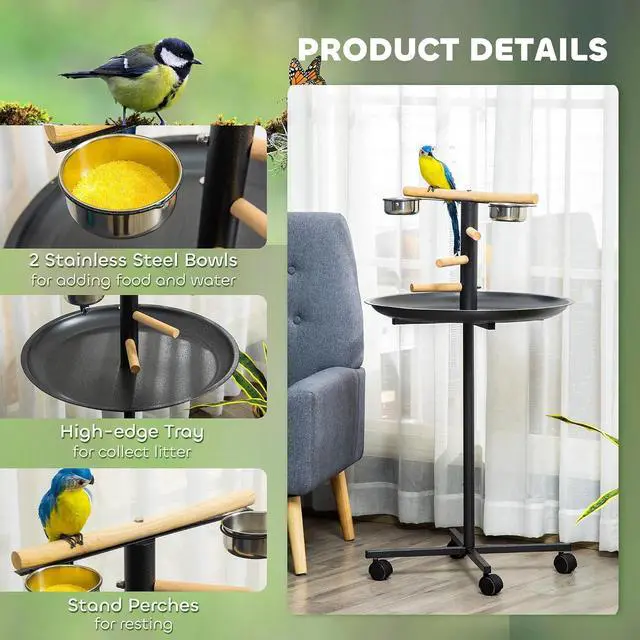 Alt view image 4 of 7 - PawHut Bird Play Stand, Portable Parrot Perch, Bird Feeder Station, with Four Wheels, Stainless Steel Feeding Bowls, Round Tray, Grey | Bird Feeder Station, Stainless Steel Feeding Bowls