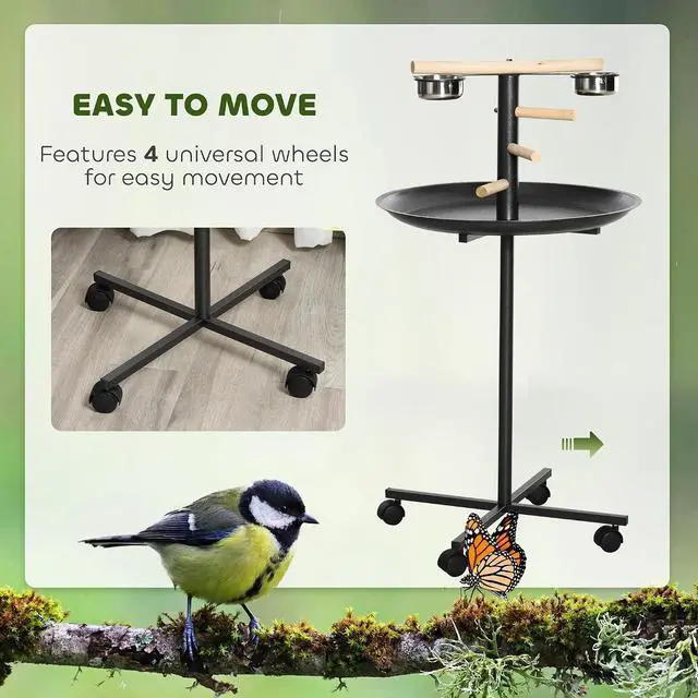 Alt view image 5 of 7 - PawHut Bird Play Stand, Portable Parrot Perch, Bird Feeder Station, with Four Wheels, Stainless Steel Feeding Bowls, Round Tray, Grey | Bird Feeder Station, Stainless Steel Feeding Bowls