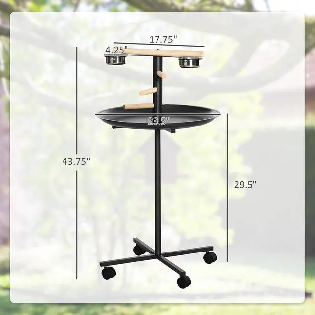 Alt view image 7 of 7 - PawHut Bird Play Stand, Portable Parrot Perch, Bird Feeder Station, with Four Wheels, Stainless Steel Feeding Bowls, Round Tray, Grey | Bird Feeder Station, Stainless Steel Feeding Bowls