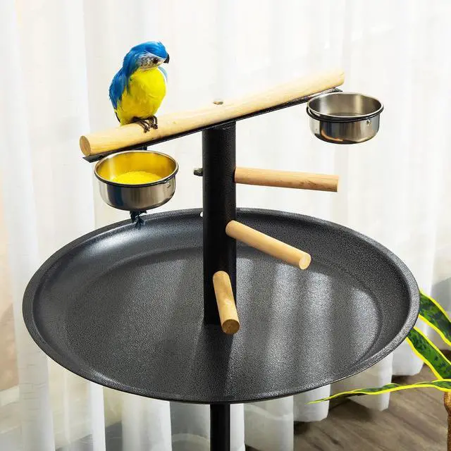 Alt view image 6 of 7 - PawHut Bird Play Stand, Portable Parrot Perch, Bird Feeder Station, with Four Wheels, Stainless Steel Feeding Bowls, Round Tray, Grey | Bird Feeder Station, Stainless Steel Feeding Bowls