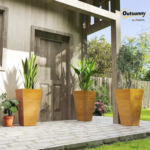 Alt view image 2 of 7 - 28 Inch Tall Planter for Outdoor Plants Set of 3, Light Brown | Taper Planter, Drainage Holes, Wood Grain Decor Garden Pot, Indoor Outdoor Porch Patio Backyard