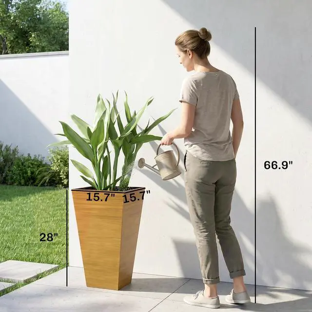 Alt view image 3 of 7 - 28 Inch Tall Planter for Outdoor Plants Set of 3, Light Brown | Taper Planter, Drainage Holes, Wood Grain Decor Garden Pot, Indoor Outdoor Porch Patio Backyard