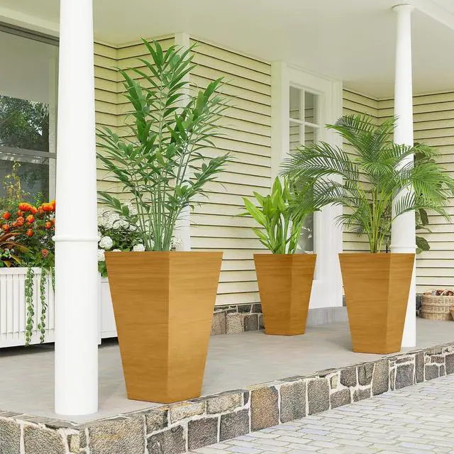 Main image of 28 Inch Tall Planter for Outdoor Plants Set of 3, Light Brown | Taper Planter, Drainage Holes, Wood Grain Decor Garden Pot, Indoor Outdoor Porch Patio Backyard