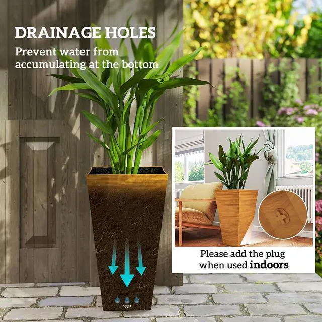 Alt view image 5 of 7 - 28 Inch Tall Planter for Outdoor Plants Set of 3, Light Brown | Taper Planter, Drainage Holes, Wood Grain Decor Garden Pot, Indoor Outdoor Porch Patio Backyard