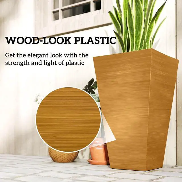 Alt view image 6 of 7 - 28 Inch Tall Planter for Outdoor Plants Set of 3, Light Brown | Taper Planter, Drainage Holes, Wood Grain Decor Garden Pot, Indoor Outdoor Porch Patio Backyard