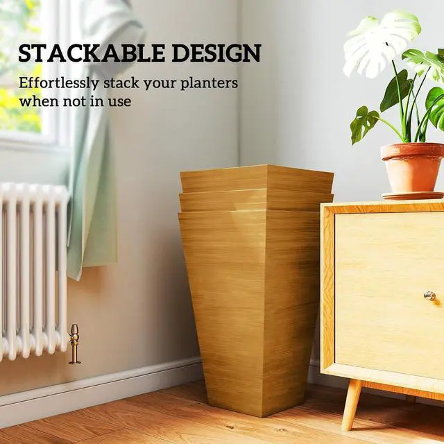 Alt view image 7 of 7 - 28 Inch Tall Planter for Outdoor Plants Set of 3, Light Brown | Taper Planter, Drainage Holes, Wood Grain Decor Garden Pot, Indoor Outdoor Porch Patio Backyard