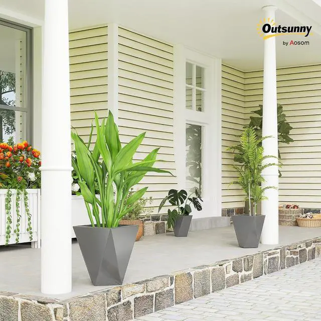 Alt view image 2 of 7 - Set of 3 Tall Planters w/Drainage Holes, 18"/15.25"/11.75", Gray | MgO Indoor Outdoor Planters, Stackable Flower Pots, Garden, Patio, Balcony, Front Door, Porch