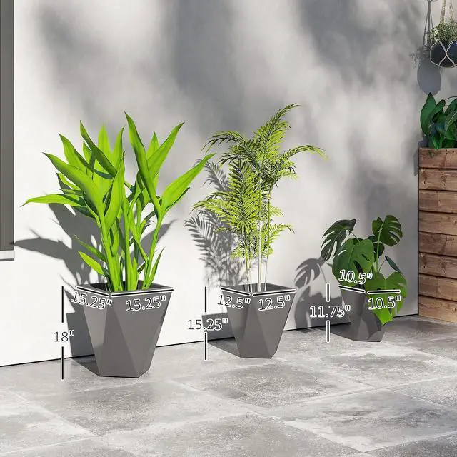 Alt view image 3 of 7 - Set of 3 Tall Planters w/Drainage Holes, 18"/15.25"/11.75", Gray | MgO Indoor Outdoor Planters, Stackable Flower Pots, Garden, Patio, Balcony, Front Door, Porch