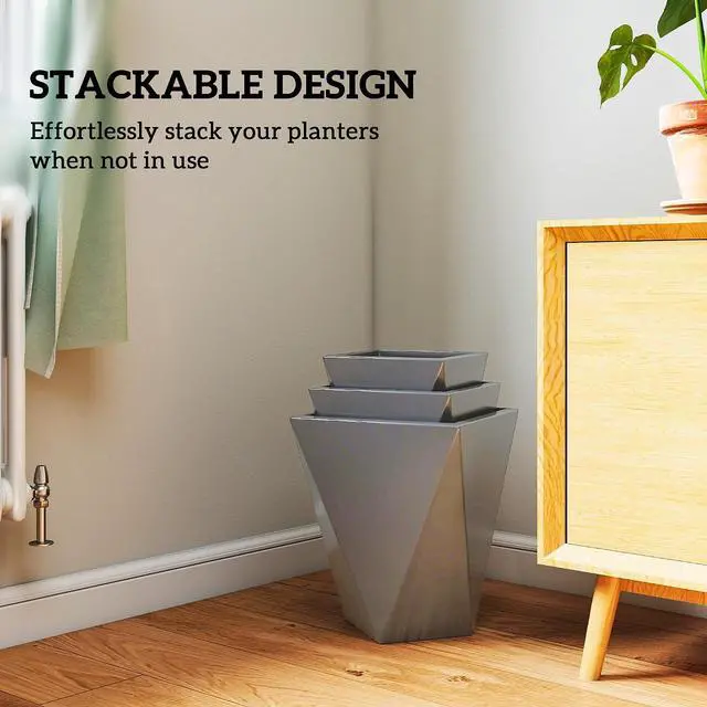 Alt view image 6 of 7 - Set of 3 Tall Planters w/Drainage Holes, 18"/15.25"/11.75", Gray | MgO Indoor Outdoor Planters, Stackable Flower Pots, Garden, Patio, Balcony, Front Door, Porch