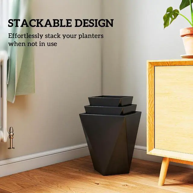 Alt view image 6 of 7 - Set of 3 Tall Planters w/Drainage Holes, 18"/15.25"/11.75", Black | MgO Indoor Outdoor Planters, Stackable Flower Pots, Garden, Patio, Balcony, Front Door, Porch