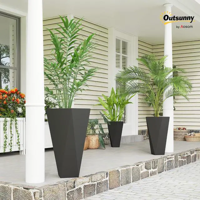 Alt view image 2 of 7 - Set of 3 Tall Planters w/Drainage Holes, 28.75"/24.5"/20.5", Black | MgO Indoor Outdoor Planters, Stackable Flower Pots, Garden, Patio, Balcony, Front Door, Porch
