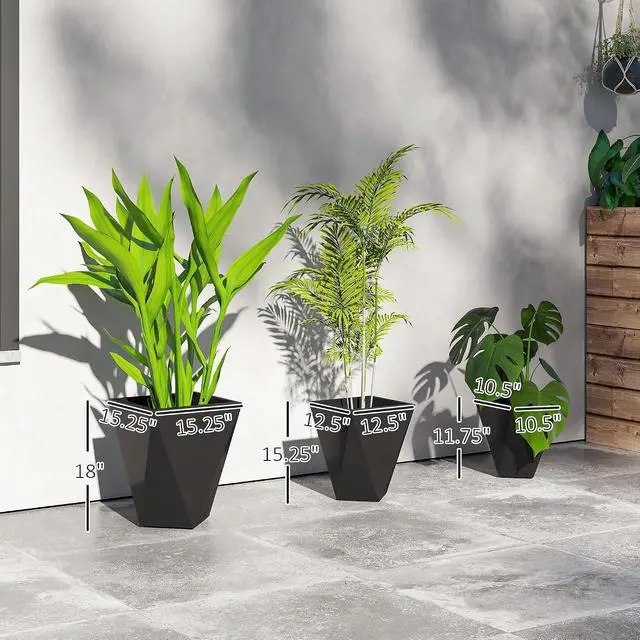 Alt view image 3 of 7 - Set of 3 Tall Planters w/Drainage Holes, 18"/15.25"/11.75", Black | MgO Indoor Outdoor Planters, Stackable Flower Pots, Garden, Patio, Balcony, Front Door, Porch