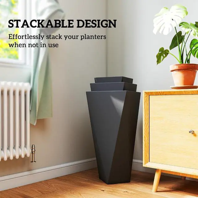 Alt view image 6 of 7 - Set of 3 Tall Planters w/Drainage Holes, 28.75"/24.5"/20.5", Black | MgO Indoor Outdoor Planters, Stackable Flower Pots, Garden, Patio, Balcony, Front Door, Porch