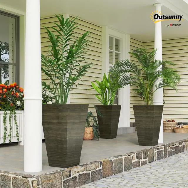 Alt view image 2 of 7 - 28 Inch Tall Planter for Outdoor Plants Set of 3, Dark Brown | Taper Planter, Drainage Holes, Wood Grain Decor Garden Pot, Indoor Outdoor Porch Patio Backyard