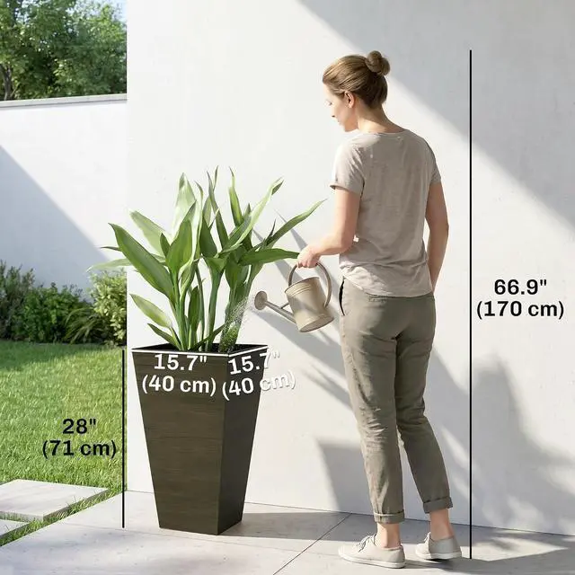 Alt view image 3 of 7 - 28 Inch Tall Planter for Outdoor Plants Set of 3, Dark Brown | Taper Planter, Drainage Holes, Wood Grain Decor Garden Pot, Indoor Outdoor Porch Patio Backyard