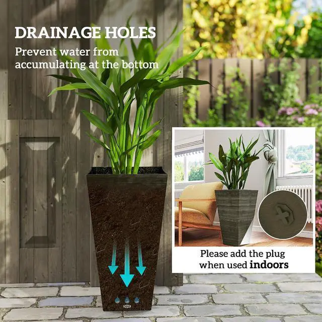Alt view image 5 of 7 - 28 Inch Tall Planter for Outdoor Plants Set of 3, Dark Brown | Taper Planter, Drainage Holes, Wood Grain Decor Garden Pot, Indoor Outdoor Porch Patio Backyard
