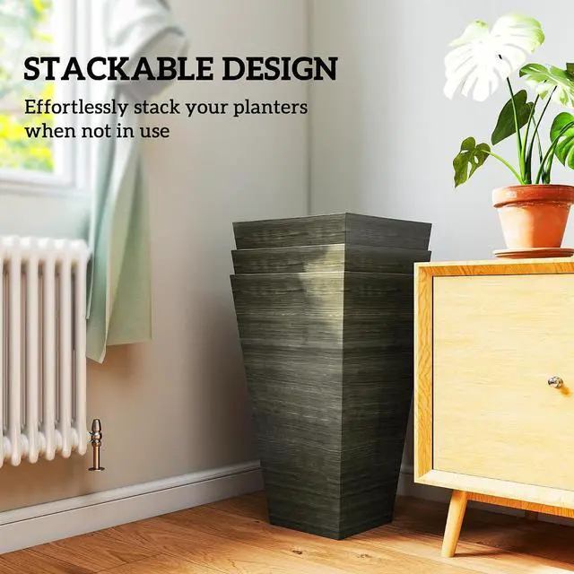 Alt view image 7 of 7 - 28 Inch Tall Planter for Outdoor Plants Set of 3, Dark Brown | Taper Planter, Drainage Holes, Wood Grain Decor Garden Pot, Indoor Outdoor Porch Patio Backyard