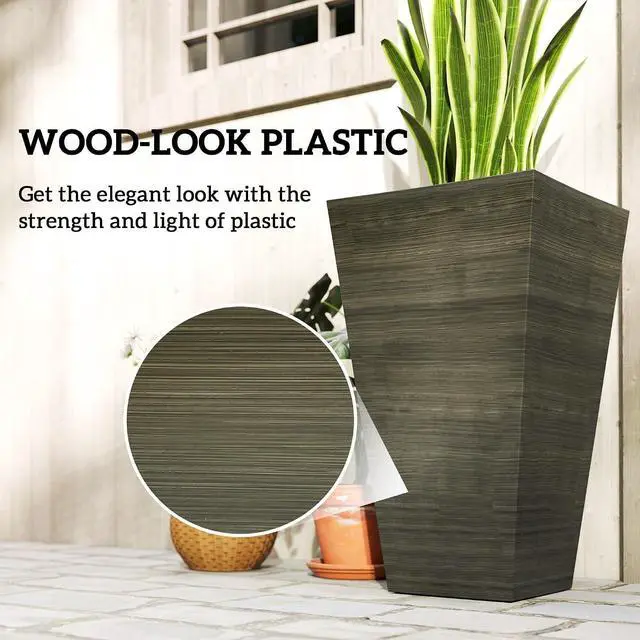 Alt view image 6 of 7 - 28 Inch Tall Planter for Outdoor Plants Set of 3, Dark Brown | Taper Planter, Drainage Holes, Wood Grain Decor Garden Pot, Indoor Outdoor Porch Patio Backyard