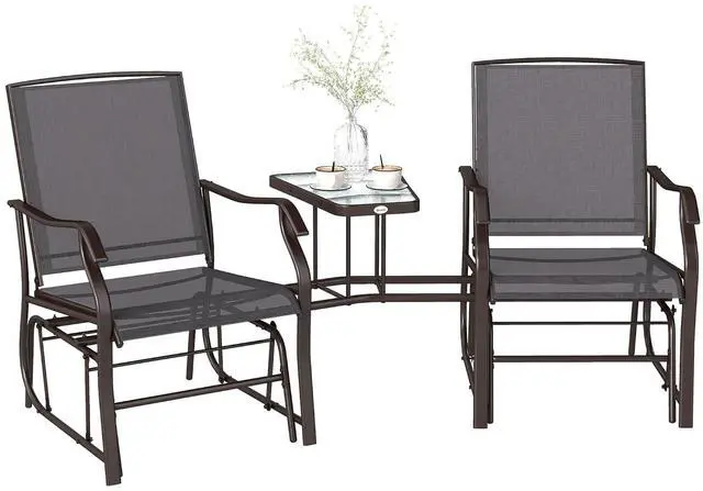 Main image of Outdoor Glider Chair with Table 2-Seat Patio Loveseat Gray | Rocking Chair Swing Love Seat, Breathable Sling, Backyard Garden Porch