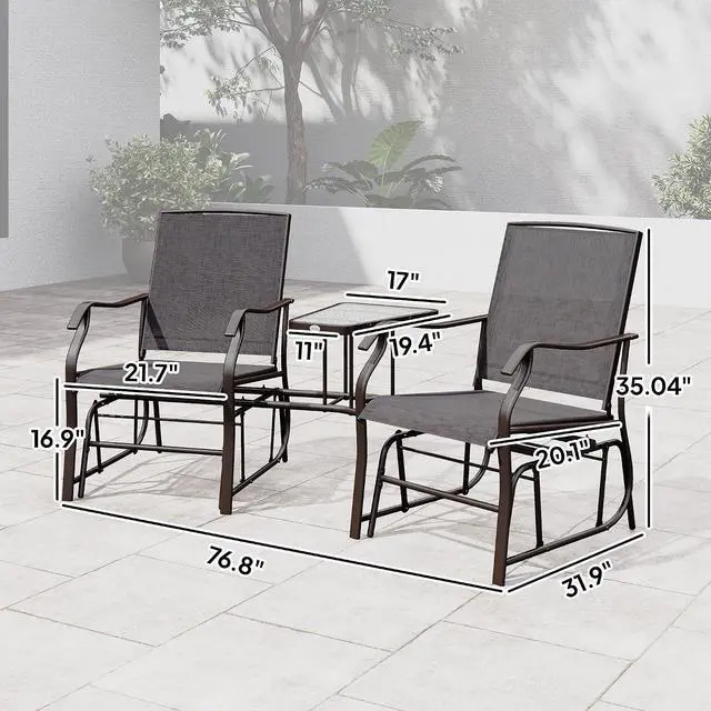 Alt view image 3 of 7 - Outdoor Glider Chair with Table 2-Seat Patio Loveseat Gray | Rocking Chair Swing Love Seat, Breathable Sling, Backyard Garden Porch