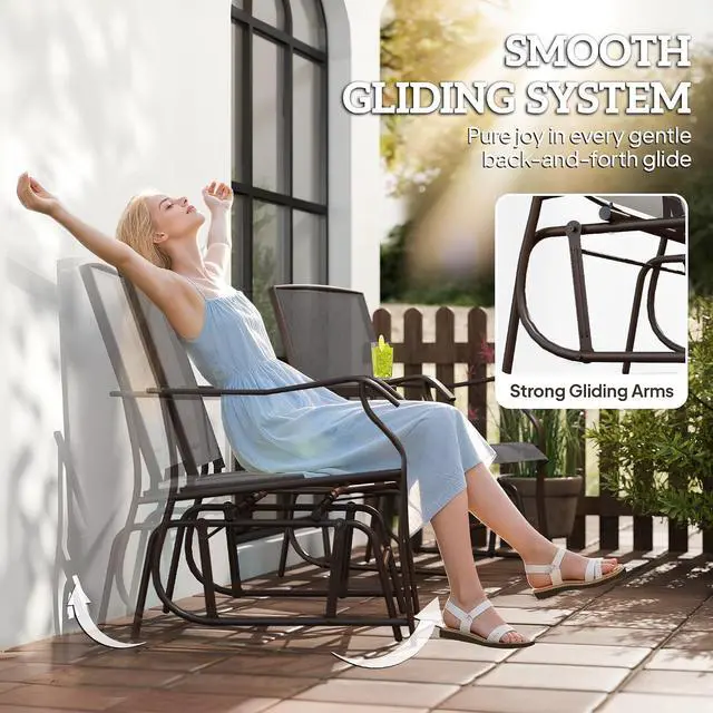 Alt view image 4 of 7 - Outdoor Glider Chair with Table 2-Seat Patio Loveseat Gray | Rocking Chair Swing Love Seat, Breathable Sling, Backyard Garden Porch