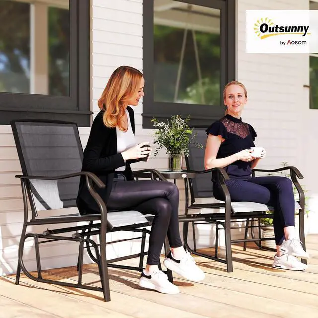Alt view image 2 of 7 - Outdoor Glider Chair with Table 2-Seat Patio Loveseat Gray | Rocking Chair Swing Love Seat, Breathable Sling, Backyard Garden Porch