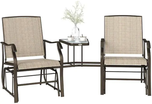 Main image of Outdoor Glider Chair with Table 2-Seat Patio Loveseat Light Brown | Rocking Chair Swing Love Seat, Breathable Sling, Backyard Garden Porch